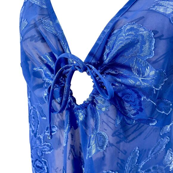 Vintage 90s Keyhole Babydoll Slip Dress Semi-Sheer Satin Floral Lingerie Small - Picture 7 of 9